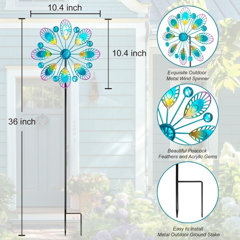 Senflame Metal Peacock Wind Spinner for Outdoor Garden Decor - 36 Inch Height Feather Wind Catcher with Stake, Lawn & Patio Art, Weather-Resistant Yar - Image 3
